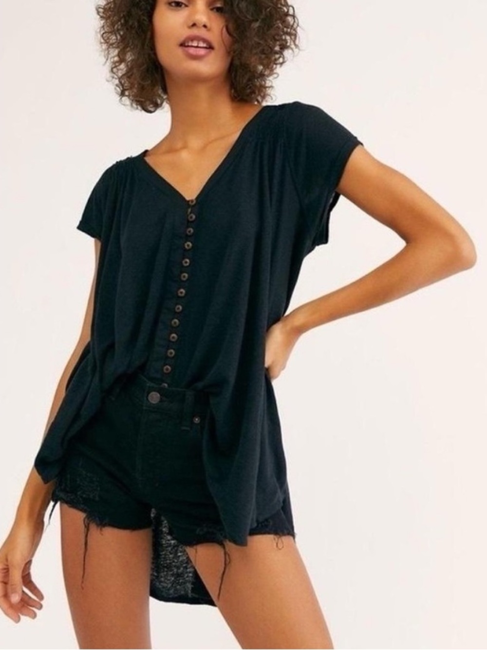 Free People Black Button-Front V-Neck Tee